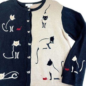 CHRISTOPHER & BANKS Women's L Novelty Cat Embroidered Button Long Sleeve Sweater